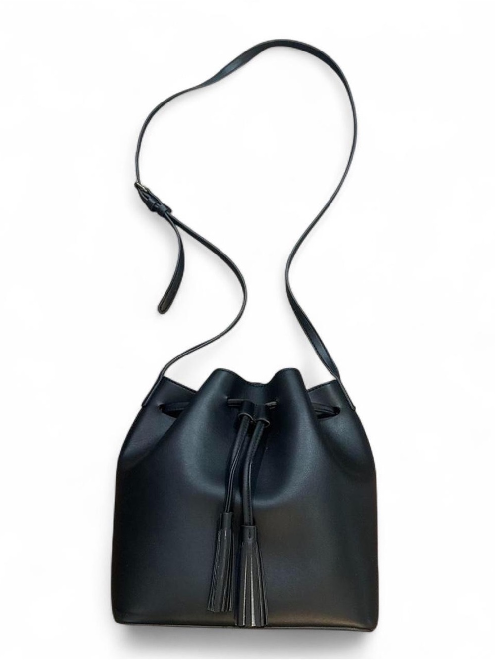 J. Crew Black Leather Bucket Bag with Tassel